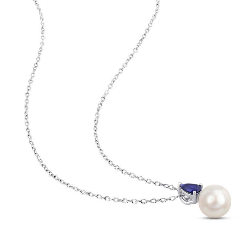 Main Image 2 of Cultured Pearl & Blue Lab-Created Sapphire Necklace Sterling Silver 18&quot;