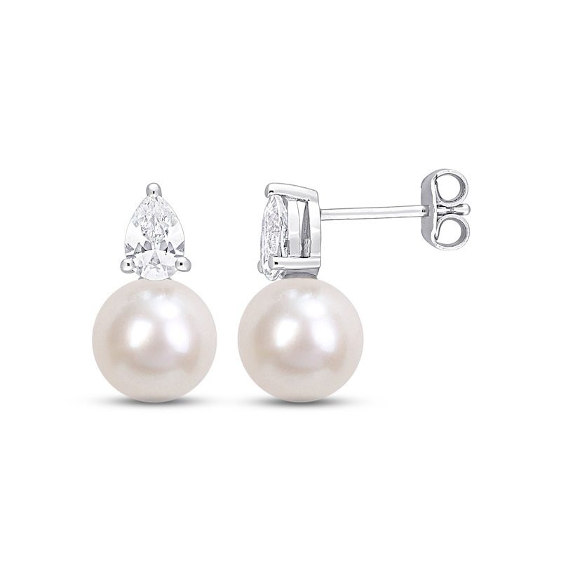 Main Image 1 of Cultured Pearl & White Lab-Created Sapphire Earrings Sterling Silver