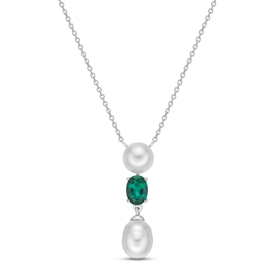 Cultured Pearl & Lab-Created Emerald Drop Necklace Sterling Silver 18"