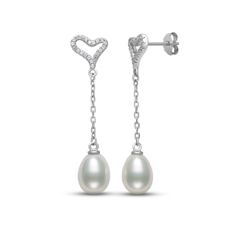 Main Image 1 of Cultured Pearl & White Lab-Created Sapphire Heart Drop Earrings Sterling Silver