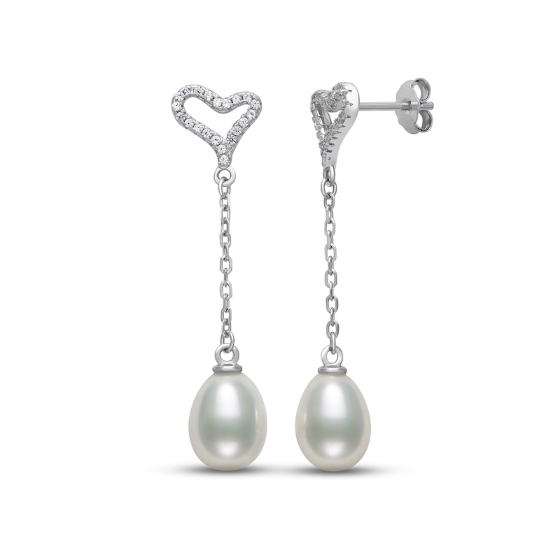 Cultured Pearl & White Lab-Created Sapphire Heart Drop Earrings Sterling Silver