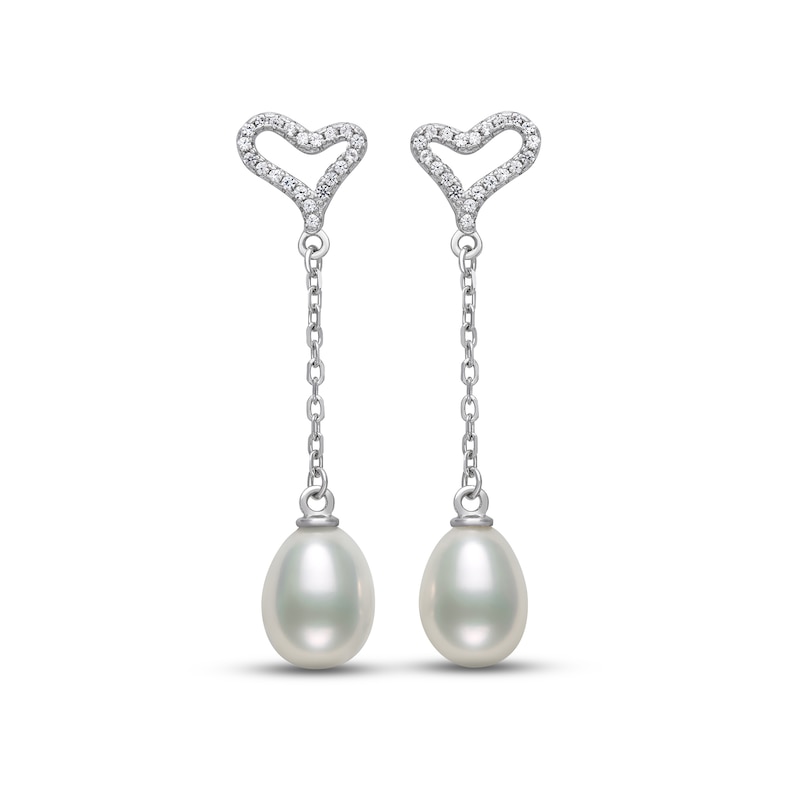 Cultured Pearl & White Lab-Created Sapphire Heart Drop Earrings Sterling Silver