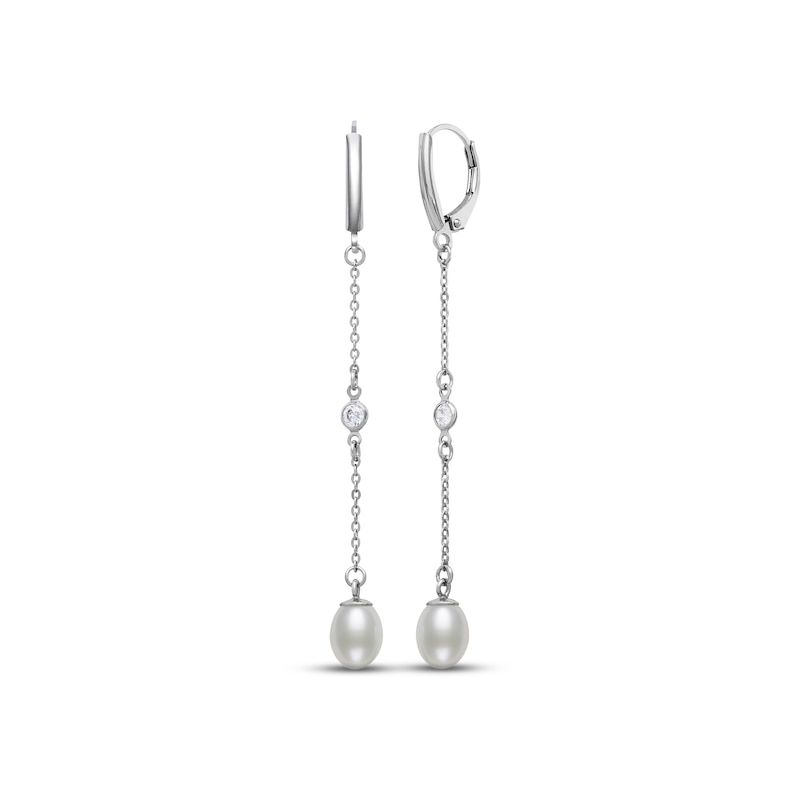 Main Image 1 of Cultured Pearl & White Lab-Created Sapphire Drop Earrings Sterling Silver