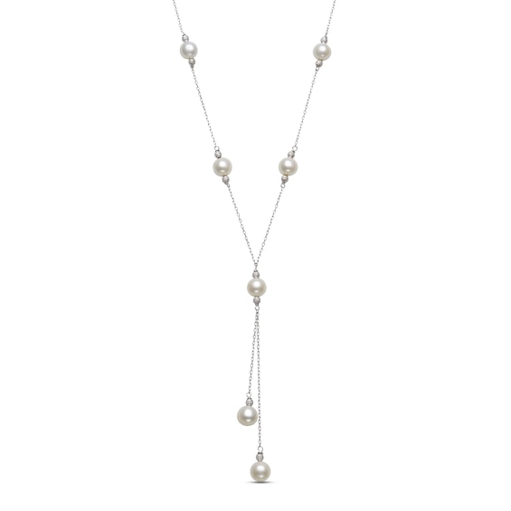 Cultured Pearl Station Lariat Necklace Sterling Silver 18"