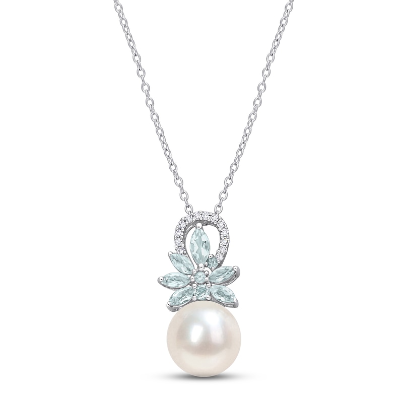Cultured Pearl, Aquamarine & Diamond Necklace 1/15 ct tw Round-cut Sterling Silver 18"