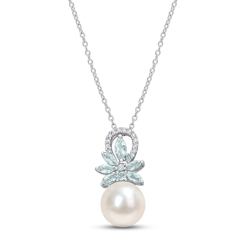 Main Image 1 of Cultured Pearl, Aquamarine & Diamond Necklace 1/15 ct tw Round-cut Sterling Silver 18&quot;
