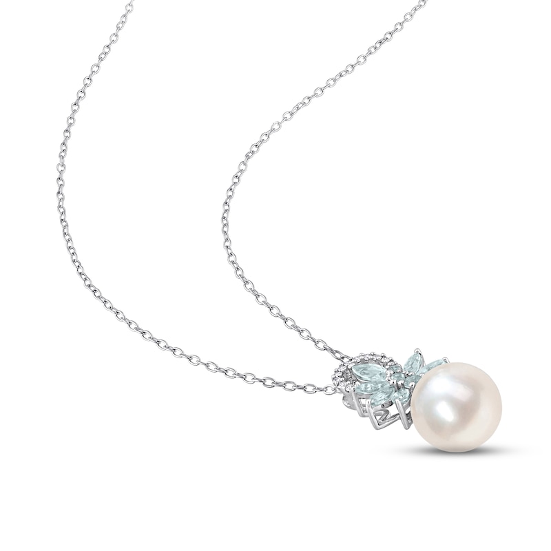 Cultured Pearl, Aquamarine & Diamond Necklace 1/15 ct tw Round-cut Sterling Silver 18"