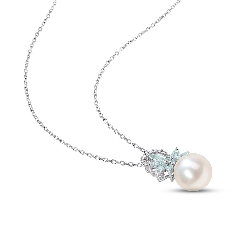 Main Image 2 of Cultured Pearl, Aquamarine & Diamond Necklace 1/15 ct tw Round-cut Sterling Silver 18&quot;