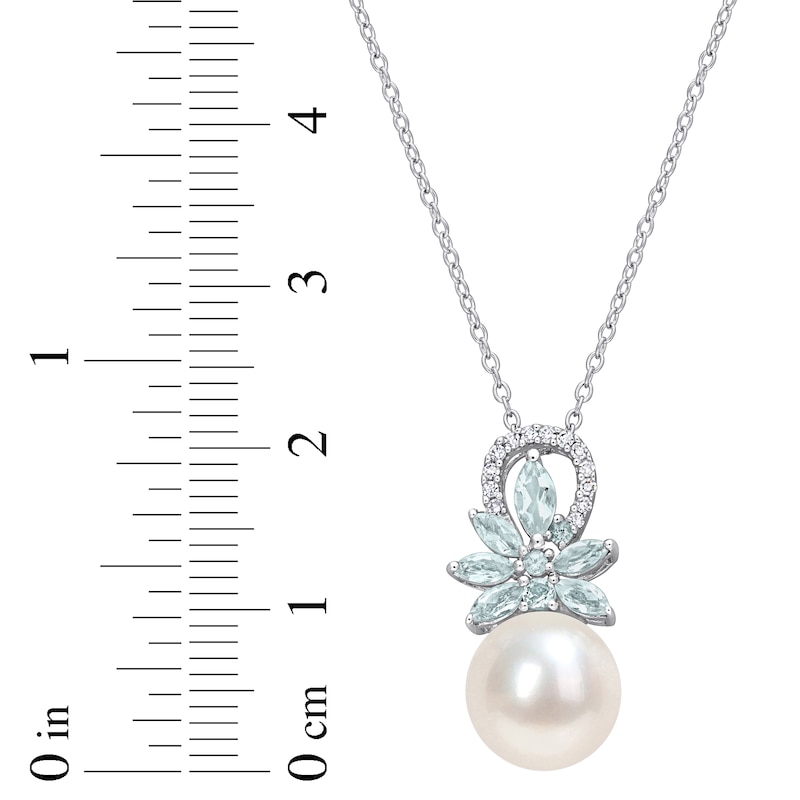 Main Image 4 of Cultured Pearl, Aquamarine & Diamond Necklace 1/15 ct tw Round-cut Sterling Silver 18&quot;