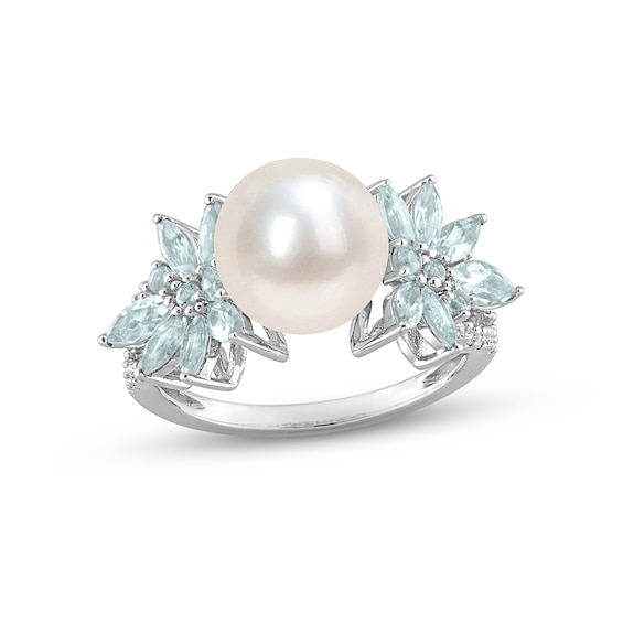 Cultured Pearl, Aquamarine & Diamond Ring 1/10 ct tw Round-cut Sterling Silver