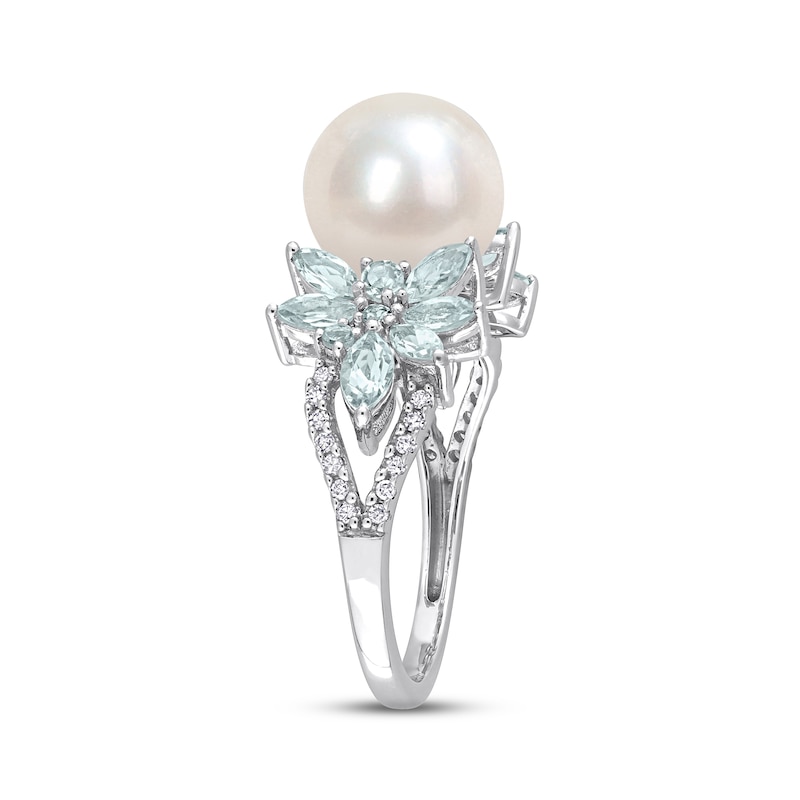 Main Image 2 of Cultured Pearl, Aquamarine & Diamond Ring 1/10 ct tw Round-cut Sterling Silver