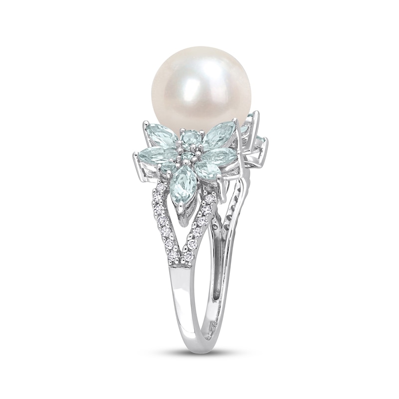 Cultured Pearl, Aquamarine & Diamond Ring 1/10 ct tw Round-cut Sterling Silver