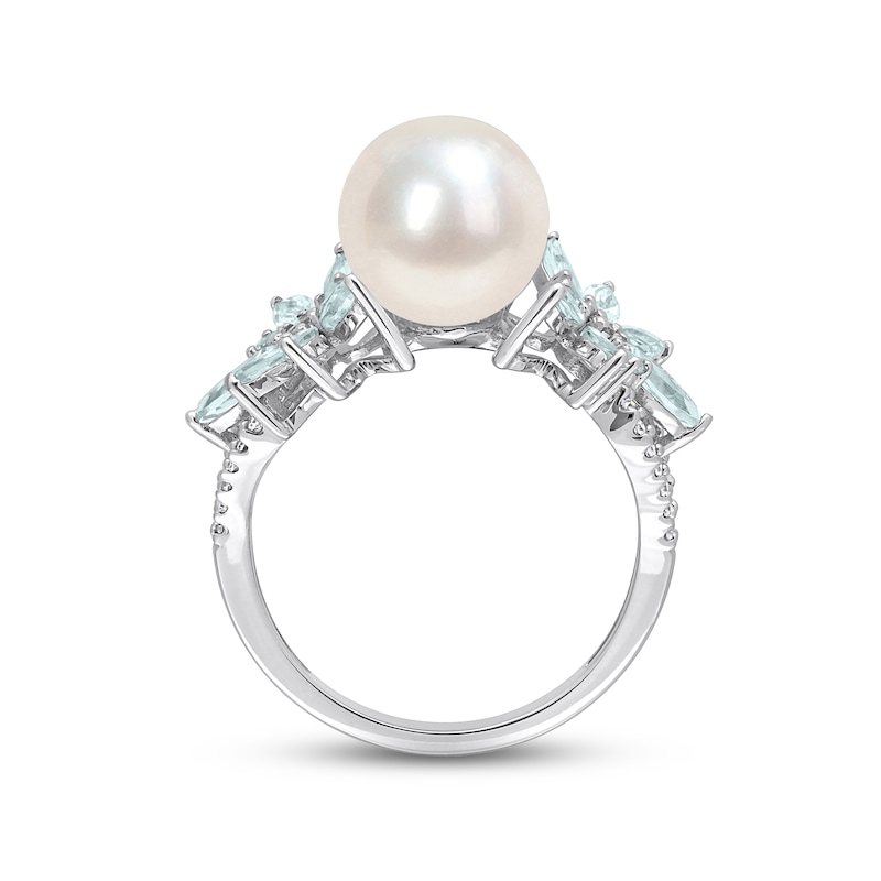 Main Image 3 of Cultured Pearl, Aquamarine & Diamond Ring 1/10 ct tw Round-cut Sterling Silver