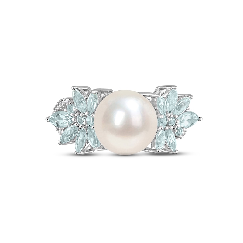 Cultured Pearl, Aquamarine & Diamond Ring 1/10 ct tw Round-cut Sterling Silver
