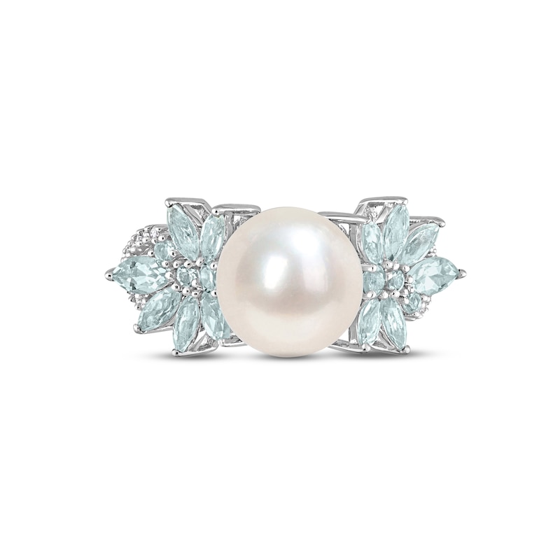 Main Image 4 of Cultured Pearl, Aquamarine & Diamond Ring 1/10 ct tw Round-cut Sterling Silver