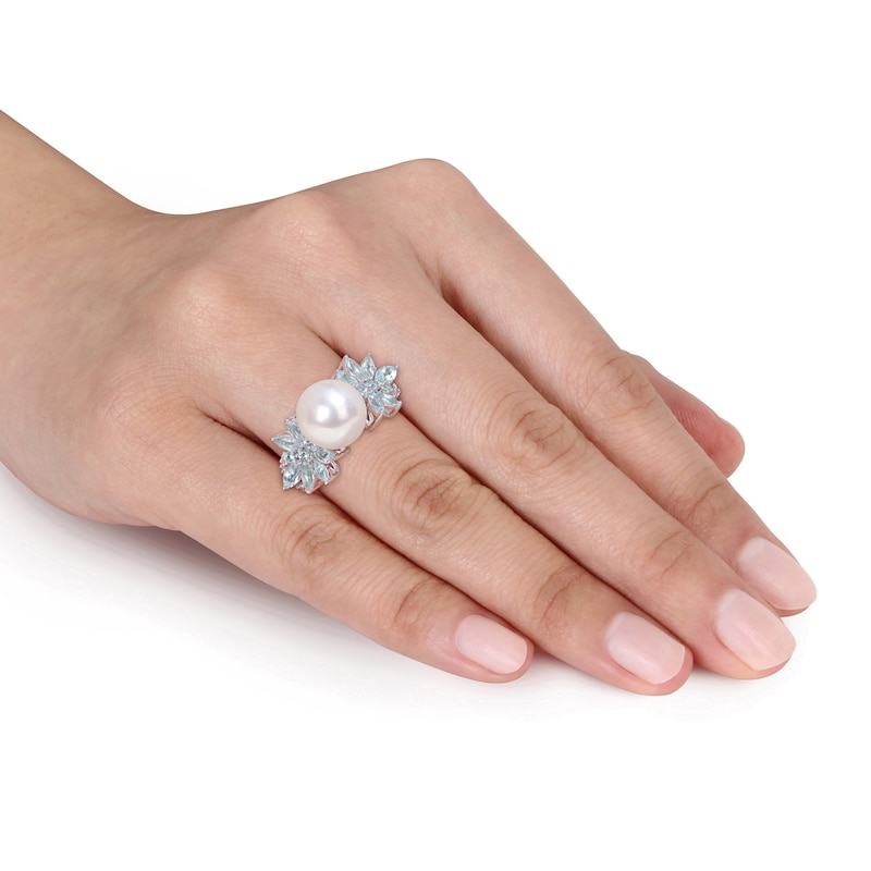 Main Image 5 of Cultured Pearl, Aquamarine & Diamond Ring 1/10 ct tw Round-cut Sterling Silver