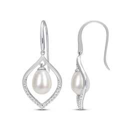 Cultured Pearl & White Lab-Created Sapphire Drop Earrings Sterling Silver