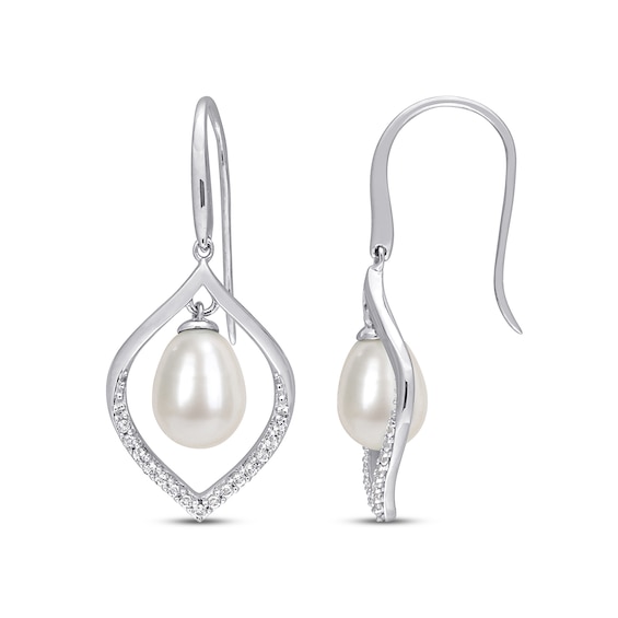 Cultured Pearl & White Lab-Created Sapphire Drop Earrings Sterling Silver