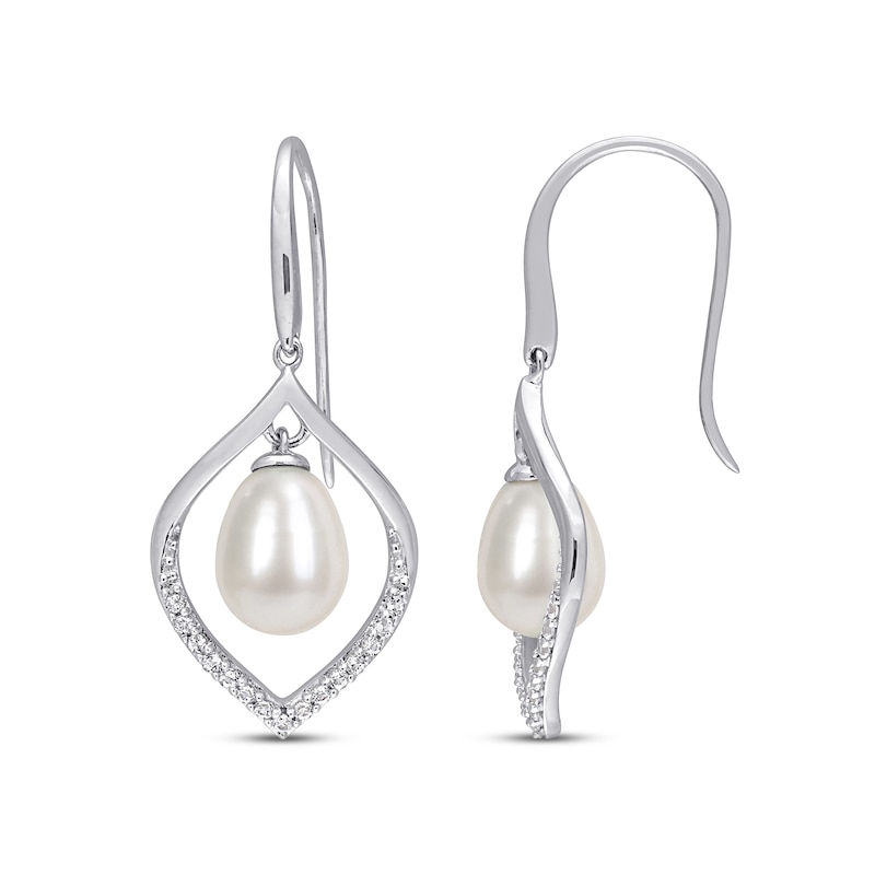 Main Image 1 of Cultured Pearl & White Lab-Created Sapphire Drop Earrings Sterling Silver