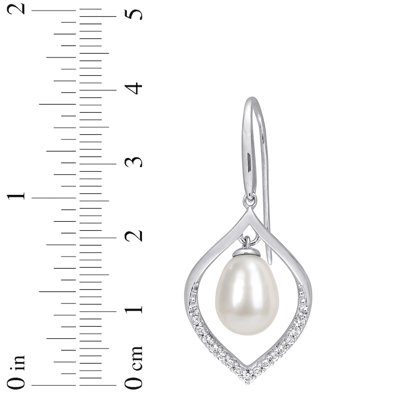 Main Image 2 of Cultured Pearl & White Lab-Created Sapphire Drop Earrings Sterling Silver