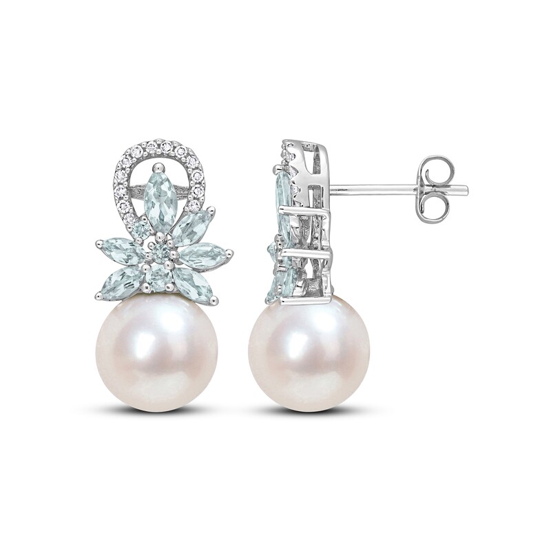 Main Image 1 of Freshwater Cultured Pearl, Aquamarine & Diamond Earrings 1/10 ct tw Sterling Silver