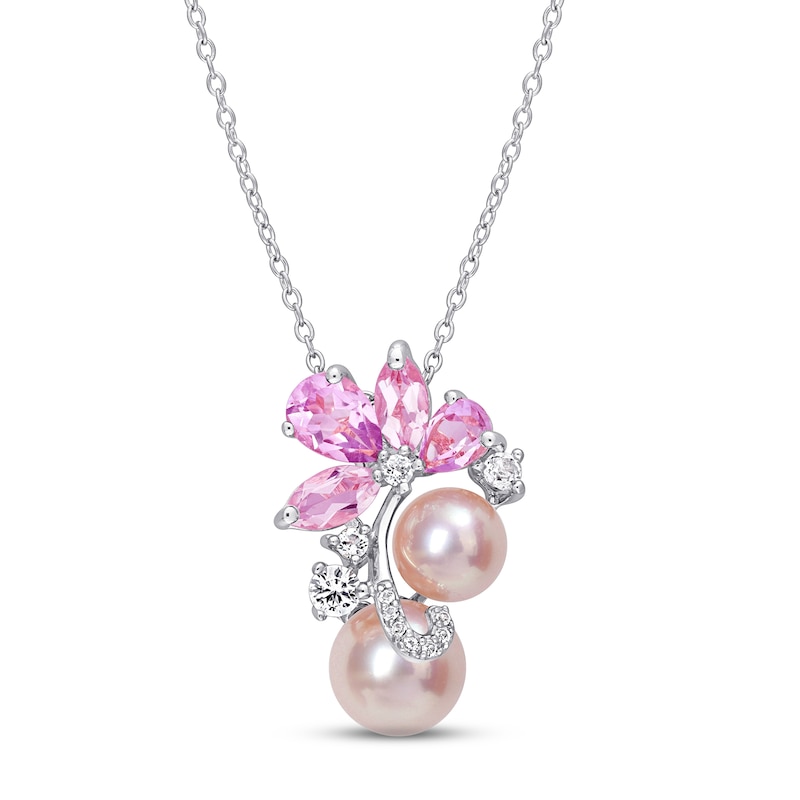 Main Image 1 of Pink Cultured Pearl, Pink & White Lab-Created Sapphire Necklace Sterling Silver 18&quot;