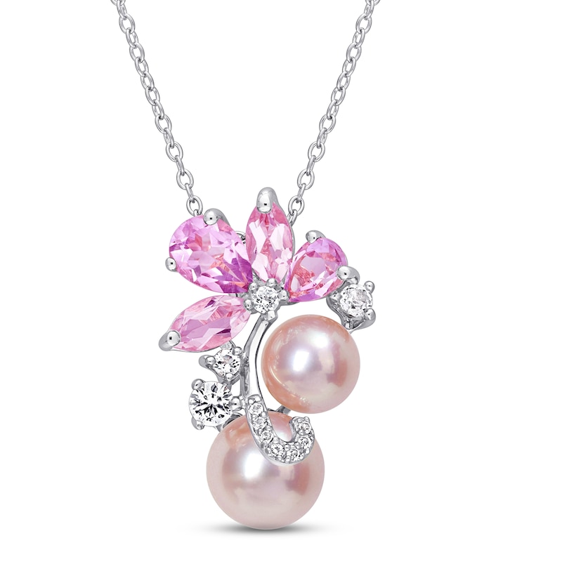 Main Image 2 of Pink Cultured Pearl, Pink & White Lab-Created Sapphire Necklace Sterling Silver 18&quot;