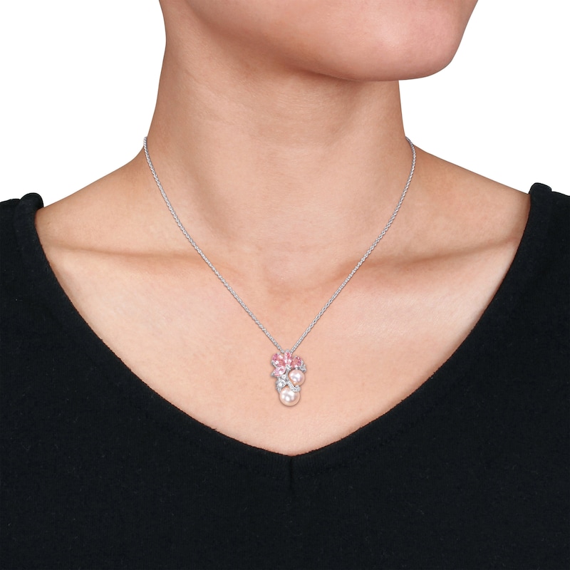 Main Image 3 of Pink Cultured Pearl, Pink & White Lab-Created Sapphire Necklace Sterling Silver 18&quot;