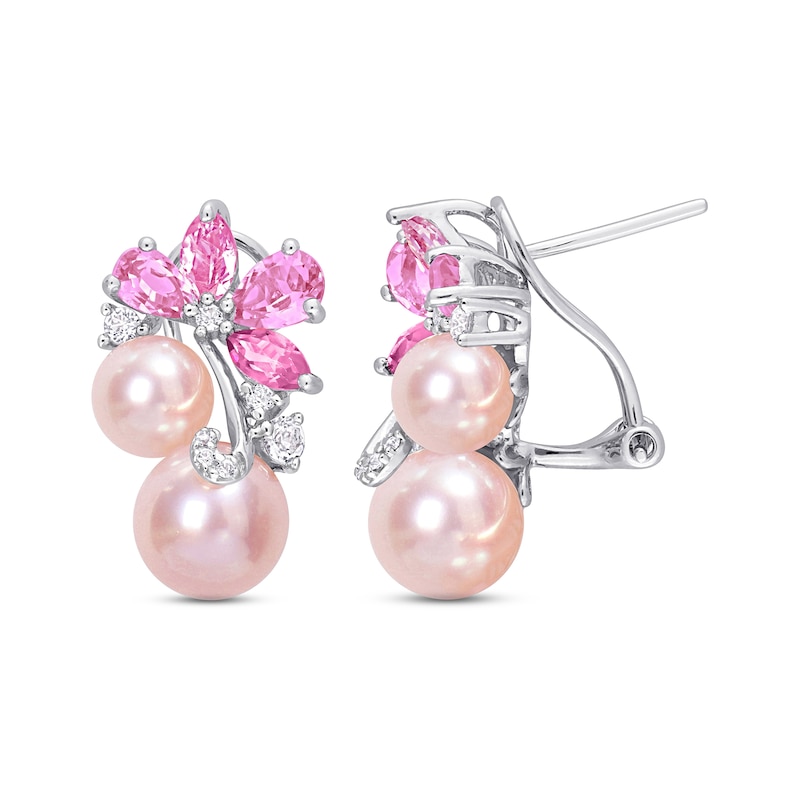 Main Image 1 of Pink Cultured Pearl, Pink & White Lab-Created Sapphire Earrings Sterling Silver
