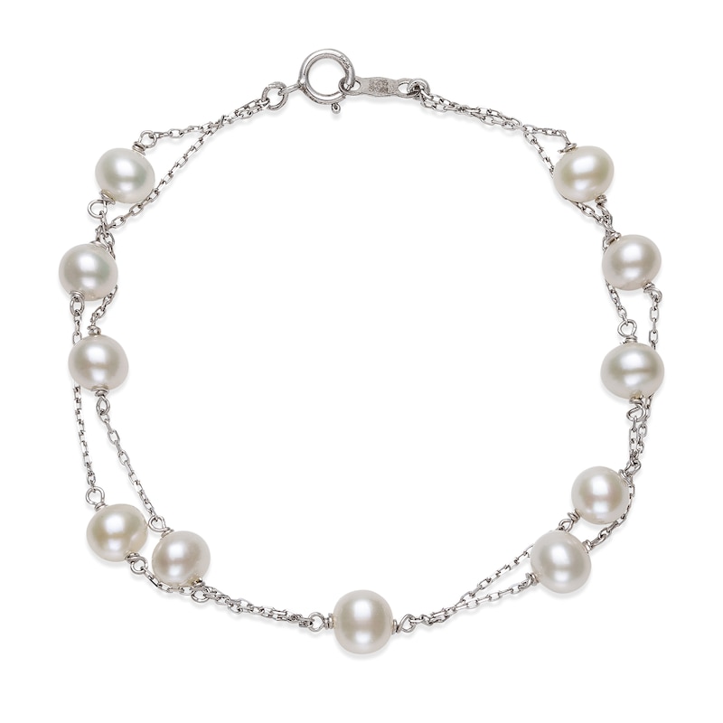 Cultured Pearl Station Bracelet Sterling Silver 7.5"