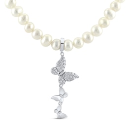Cultured Pearl & White Lab-Created Sapphire Butterfly Necklace Sterling Silver 17"