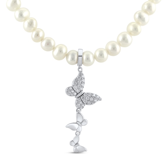 Cultured Pearl & White Lab-Created Sapphire Butterfly Necklace Sterling Silver 17"