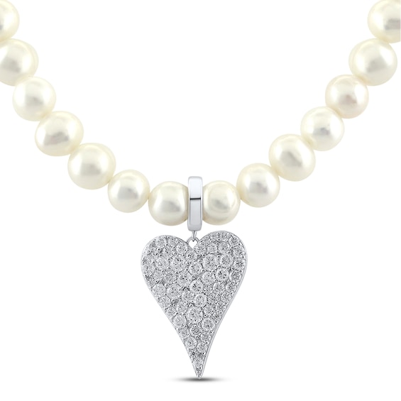 Cultured Pearl & White Lab-Created Sapphire Heart Necklace Sterling Silver 17"