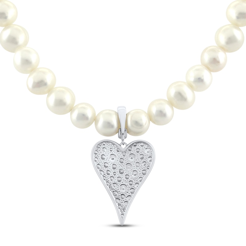 Cultured Pearl & White Lab-Created Sapphire Heart Necklace Sterling Silver 17"