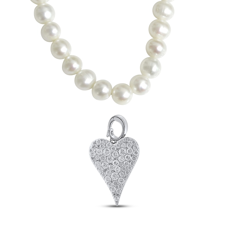 Cultured Pearl & White Lab-Created Sapphire Heart Necklace Sterling Silver 17"