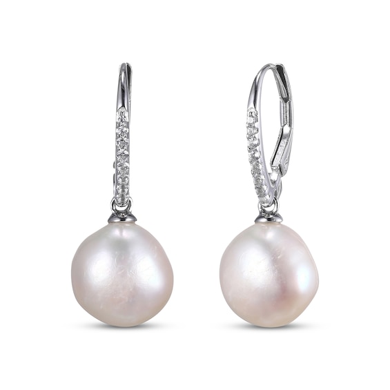 Cultured Pearl & White Lab-Created Sapphire Drop Earrings Sterling Silver