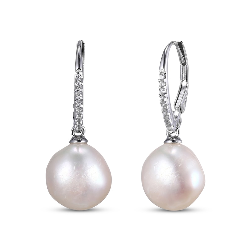 Main Image 1 of Cultured Pearl & White Lab-Created Sapphire Drop Earrings Sterling Silver