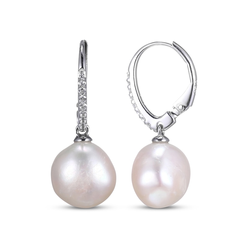 Cultured Pearl & White Lab-Created Sapphire Drop Earrings Sterling Silver