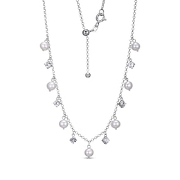 Cultured Pearl & White Lab-Created Sapphire Dangle Station Necklace Sterling Silver 18"