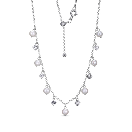 Cultured Pearl & White Lab-Created Sapphire Dangle Station Necklace Sterling Silver 18"