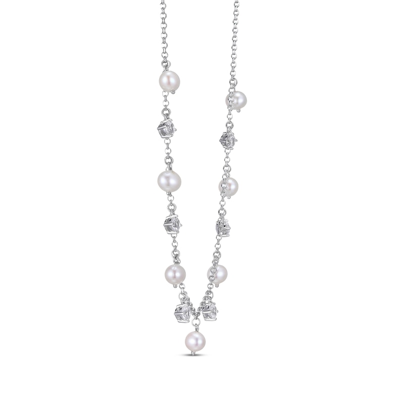 Main Image 2 of Cultured Pearl & White Lab-Created Sapphire Dangle Station Necklace Sterling Silver 18&quot;
