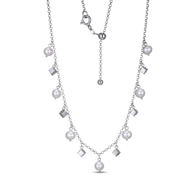 Main Image 3 of Cultured Pearl & White Lab-Created Sapphire Dangle Station Necklace Sterling Silver 18&quot;