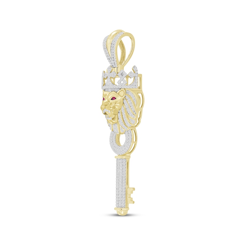 Main Image 2 of Men's Diamond & Lab-Created Ruby Lion with Crown Key Charm 7/8 ct tw 10K Yellow Gold