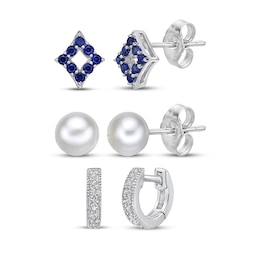 Blue Lab-Created Sapphire, White Lab-Created Sapphire & Cultured Pearl Earrings Set Sterling Silver