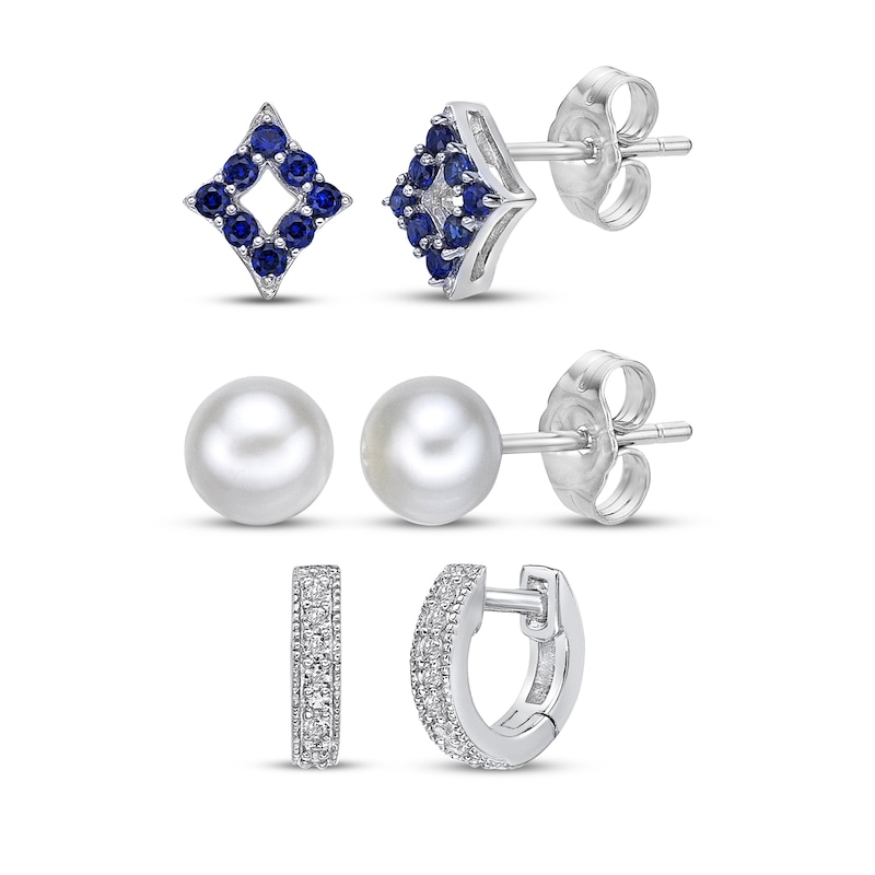 Main Image 1 of Blue Lab-Created Sapphire, White Lab-Created Sapphire & Cultured Pearl Earrings Set Sterling Silver