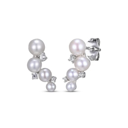 Cultured Pearl & White Lab-Created Sapphire Drop Earrings Sterling Silver