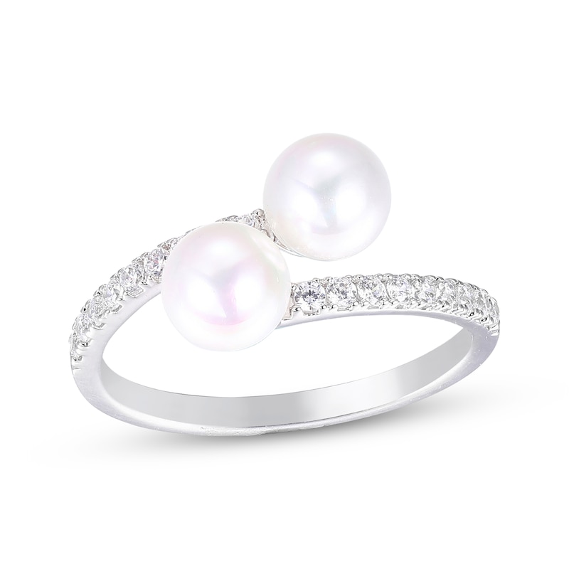 Main Image 1 of Cultured Pearl & White Lab-Created Sapphire Bypass Ring Sterling Silver