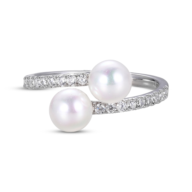 Main Image 3 of Cultured Pearl & White Lab-Created Sapphire Bypass Ring Sterling Silver