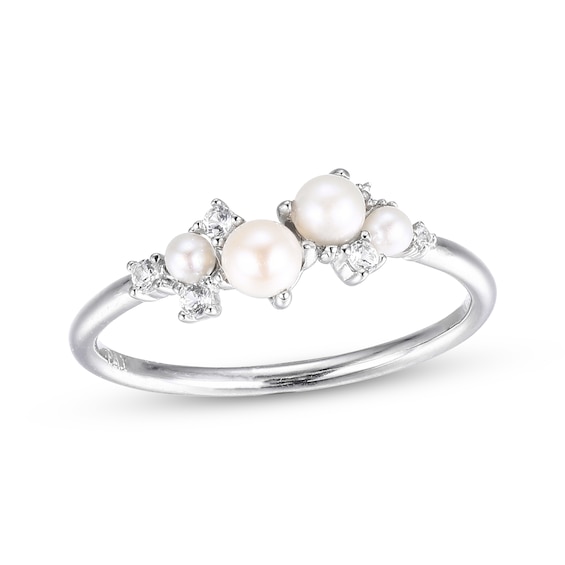 Cultured Pearl & White Lab-Created Sapphire Ring Sterling Silver