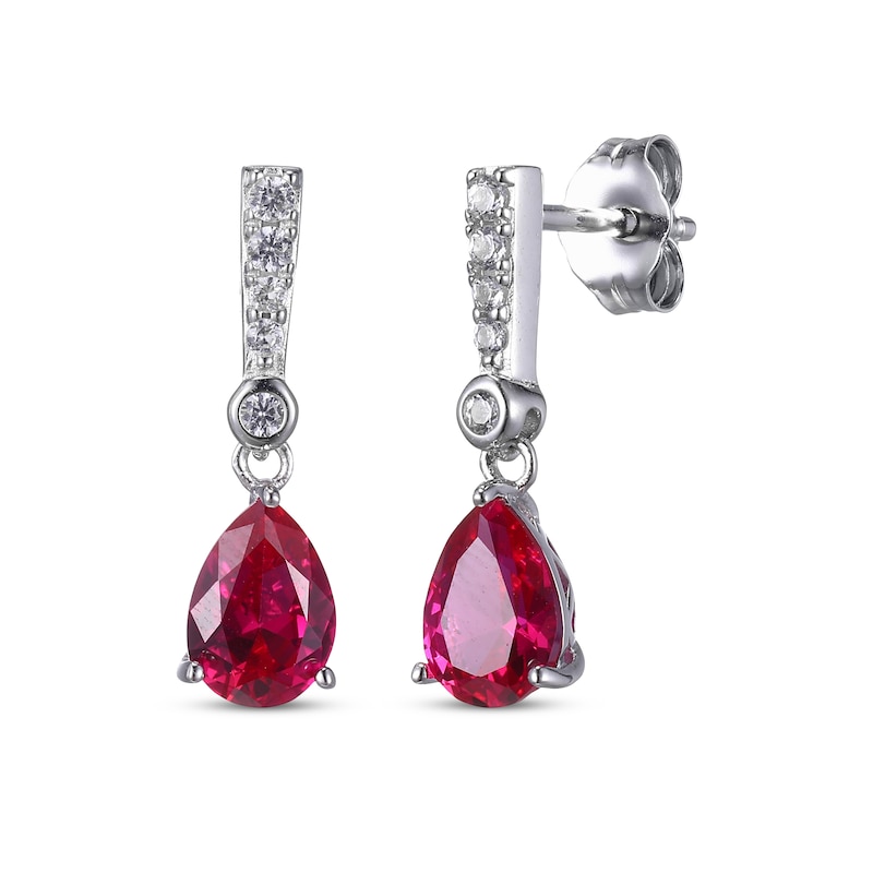 Main Image 1 of Pear-Shaped Lab-Created Ruby & Round-Cut White Lab-Created Sapphire Drop Earrings Sterling Silver